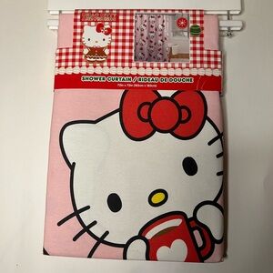 Hello Kitty Gingerbread, Candy Cane, Red Bows pink background Shower Curtain